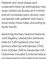 Obese patients had poorer outcomes, early revision after THA